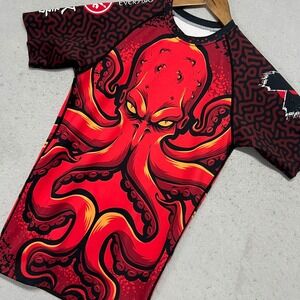XMartial Kraken Rash Guard Mens XS Red Octopus MMA BJJ Compression Shirt EUC